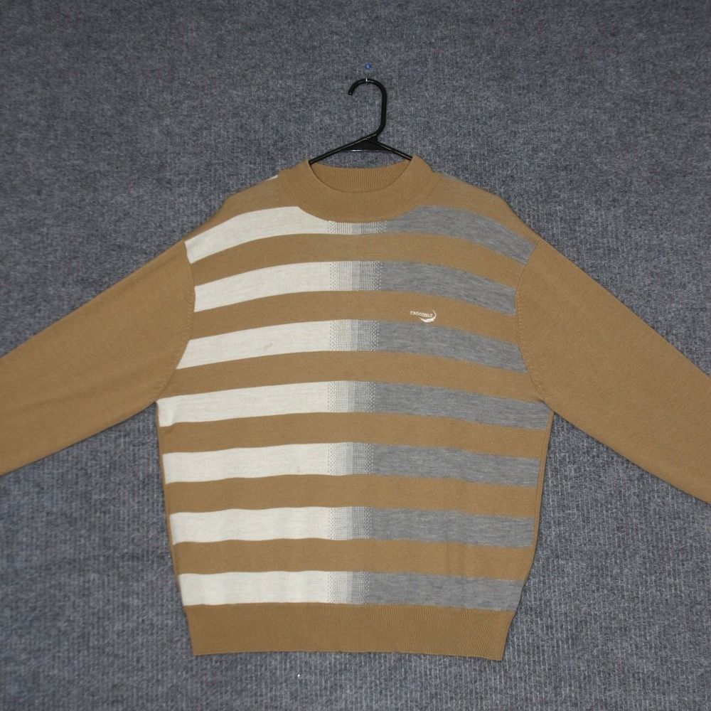 Vintage Crocodile Sweater Mens XXL Tan Grey White Striped Wool Blend Long Sleeve